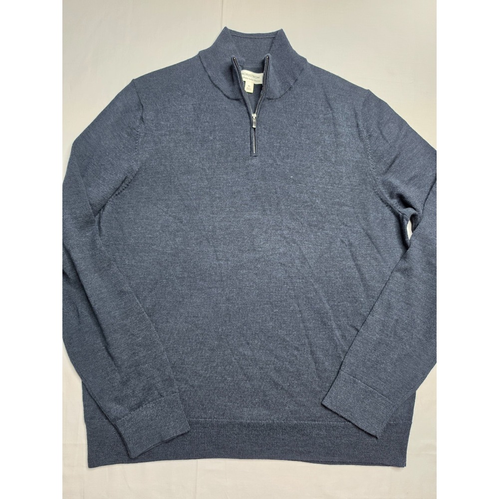 Nordstrom Sweater Men's XL Navy Blue Merino Wool Tight Knit Quarter Zip Winter